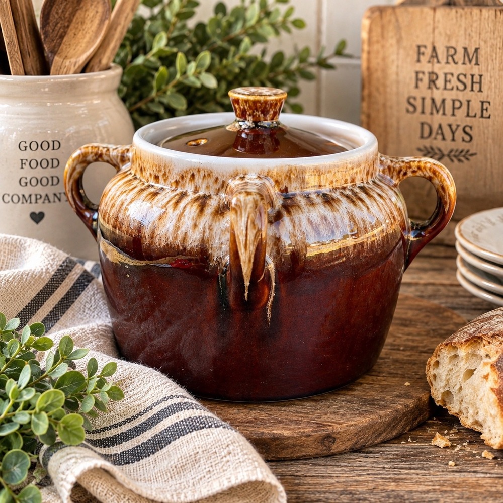 Vintage Brown Drip Glaze Stoneware Bean Pot with Lid and Handles Farmhouse Decor